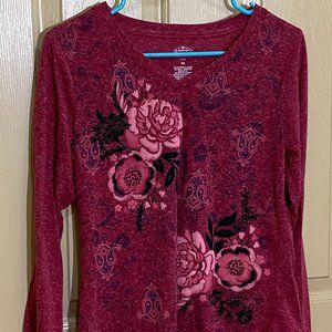 St John's Bay petite small red embordered long-sleeve tee